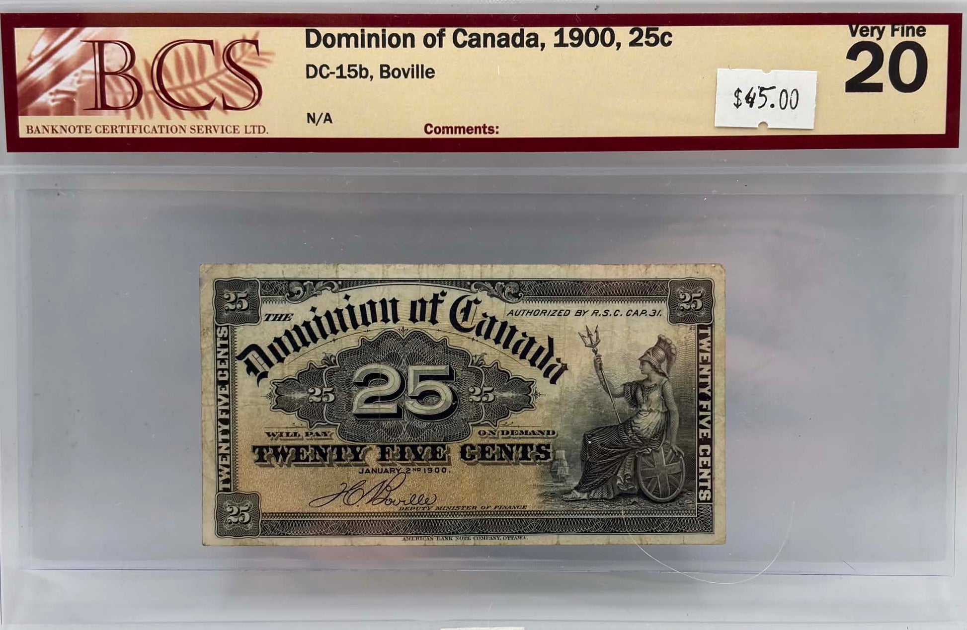 1900 Dominion of Canada 25 Cents Banknote DC-15b Boville BCS VF-20 - Obverse