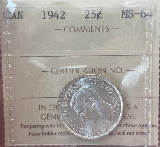 1942 Canada 25 Cent. ICCS graded MS-64