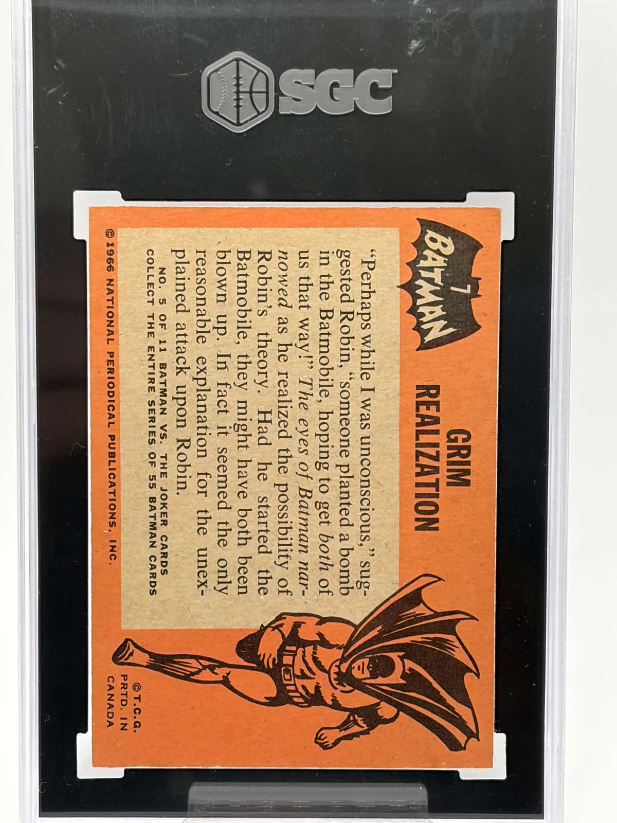 Reverse of 1966 Topps Batman Grim Realization card showing PRTD. IN CANADA marking