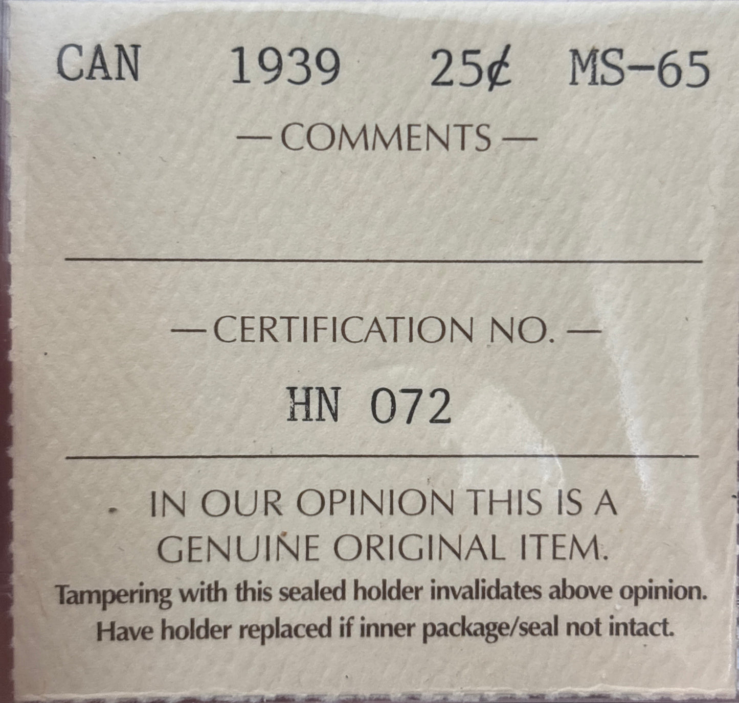1939 Canada 25 Cent. ICCS graded MS-65