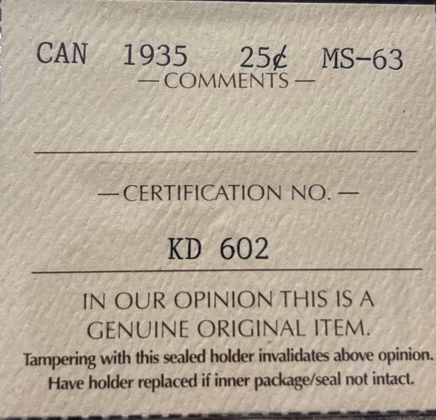 1935 Canada 25 Cent. ICCS graded MS-63