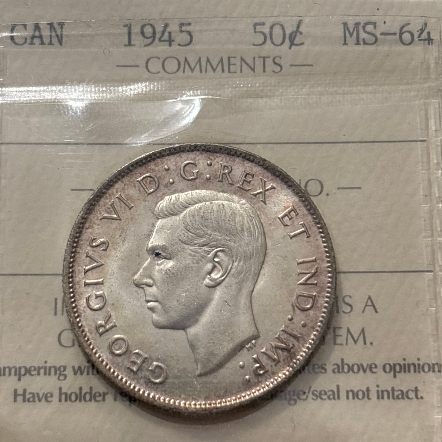 1945 Canada 50 Cent. ICCS graded MS-64