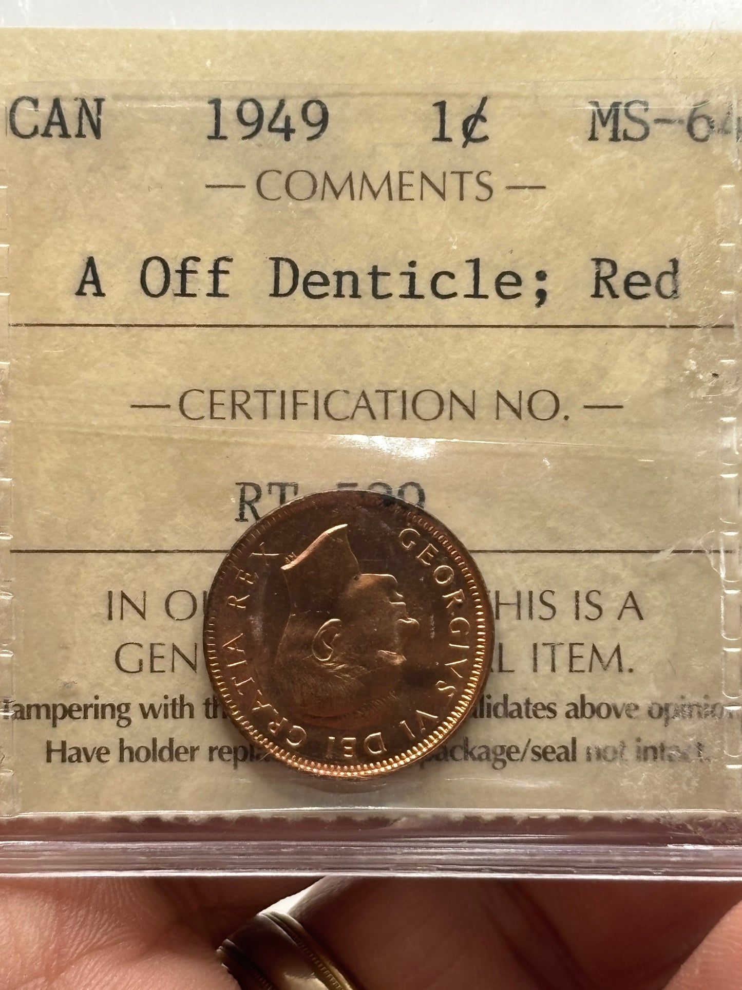 1949 Canada $0.01. A off Denticle. ICCS graded MS-64 Red