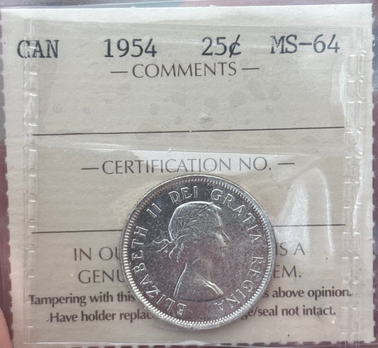 1954 Canada 25 Cent. ICCS graded MS-64