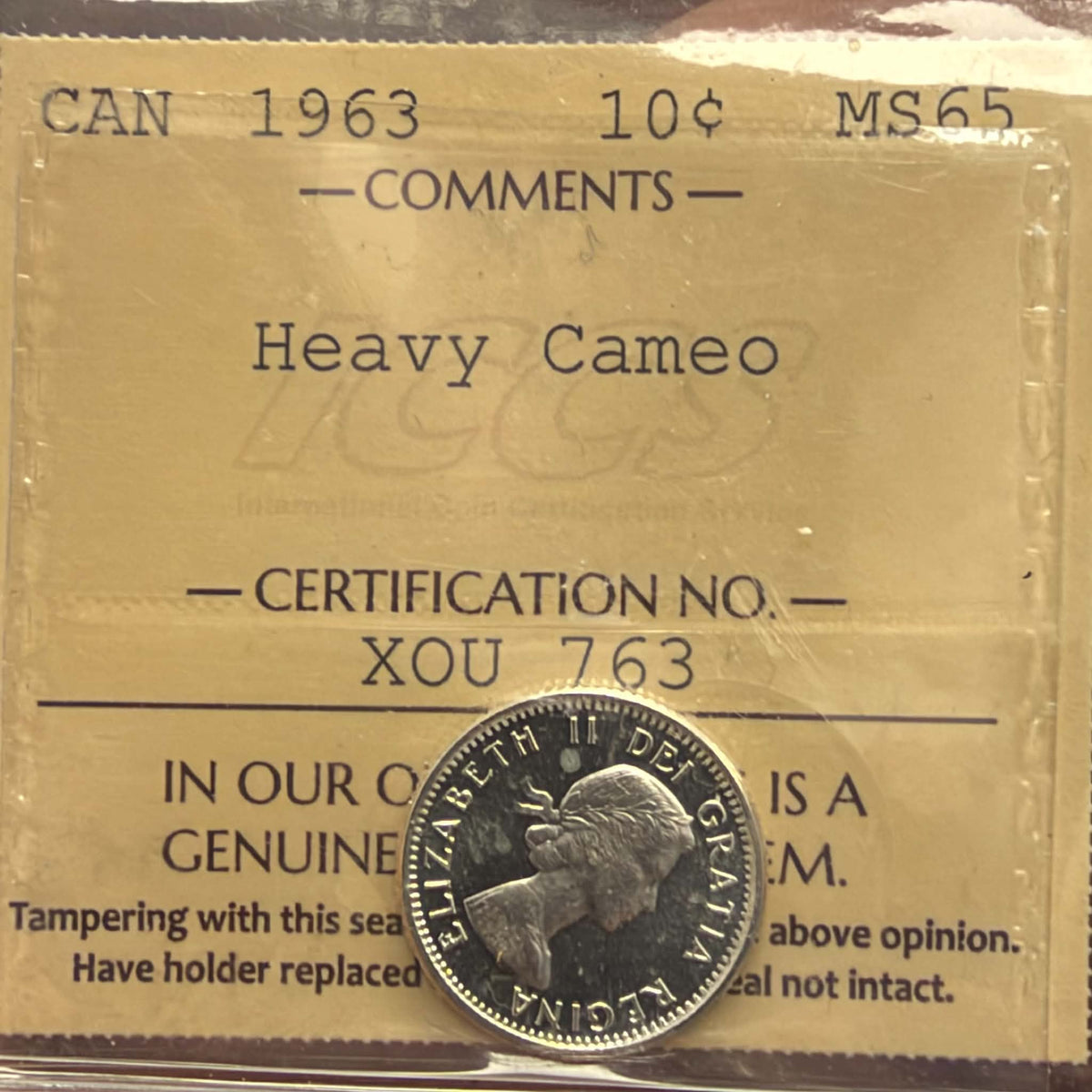 ICCS certification label showing 1963 ten cents MS65 Heavy Cameo, XOU 763