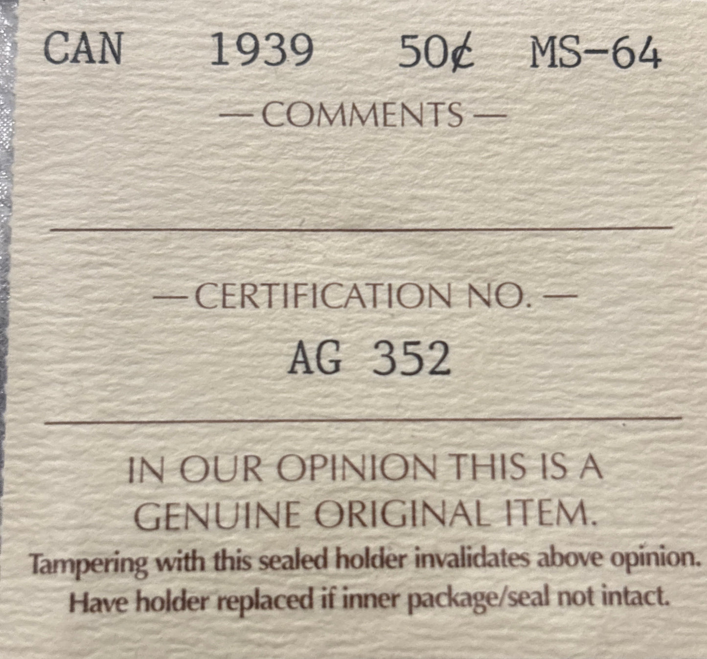 1939 Canada 50 Cent. ICCS graded MS-64