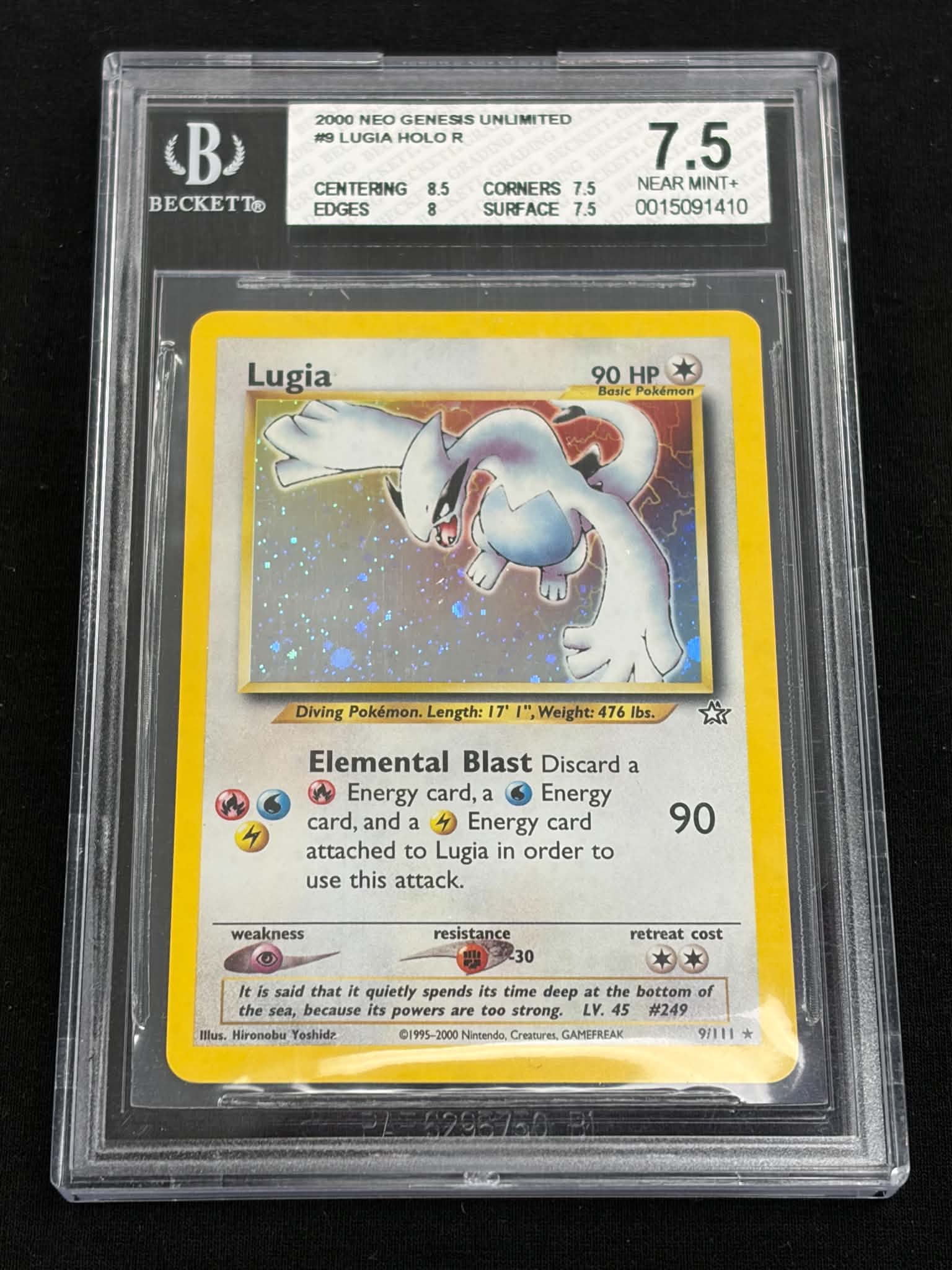 2000 Pokémon Neo Genesis Unlimited Lugia Holo #9/111 BGS 7.5 Near Mint+ — Front