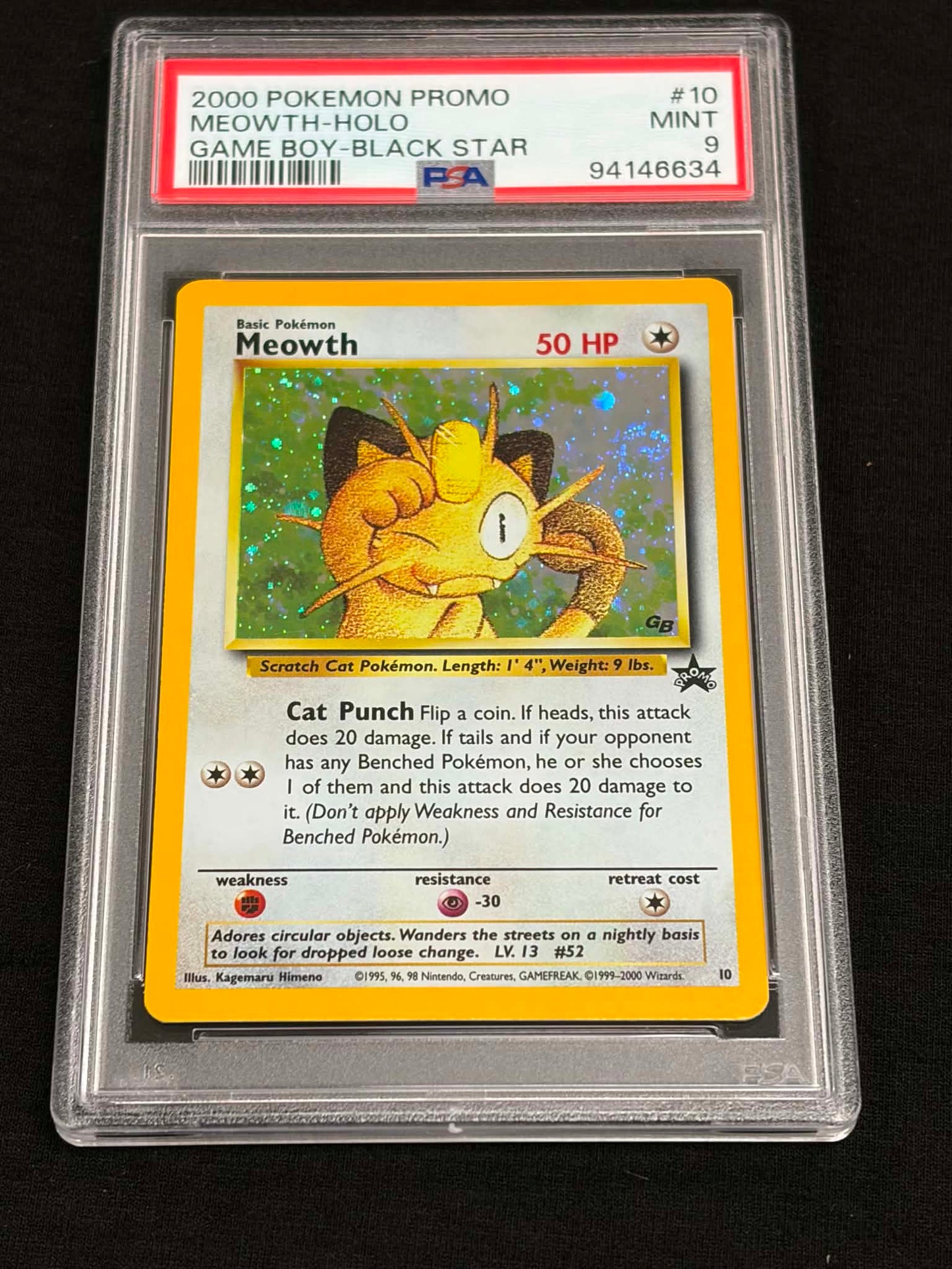 2000 Pokémon Game Boy Black Star Promo Meowth Holo #10 PSA 9 MINT — Front