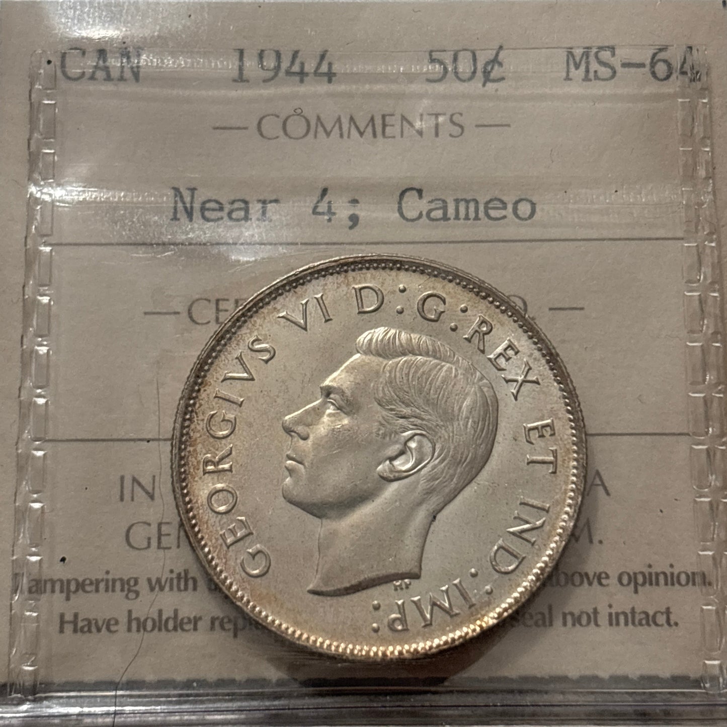 1944 Canada Near 4; Cameo 50 Cent. ICCS graded MS-64