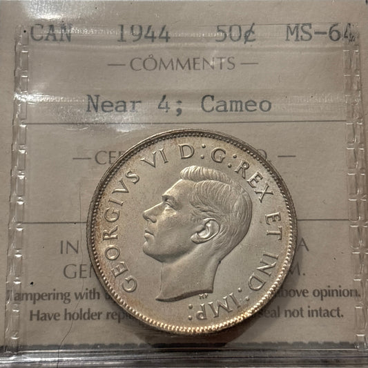 1944 Canada Near 4; Cameo 50 Cent. ICCS graded MS-64