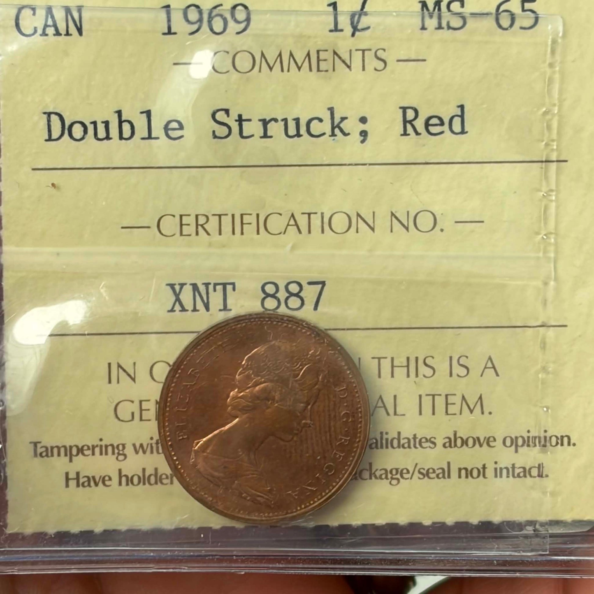 1969 Canadian 1 Cent — obverse showing Queen Elizabeth II Machin portrait double struck in ICCS holder, MS-65 Red