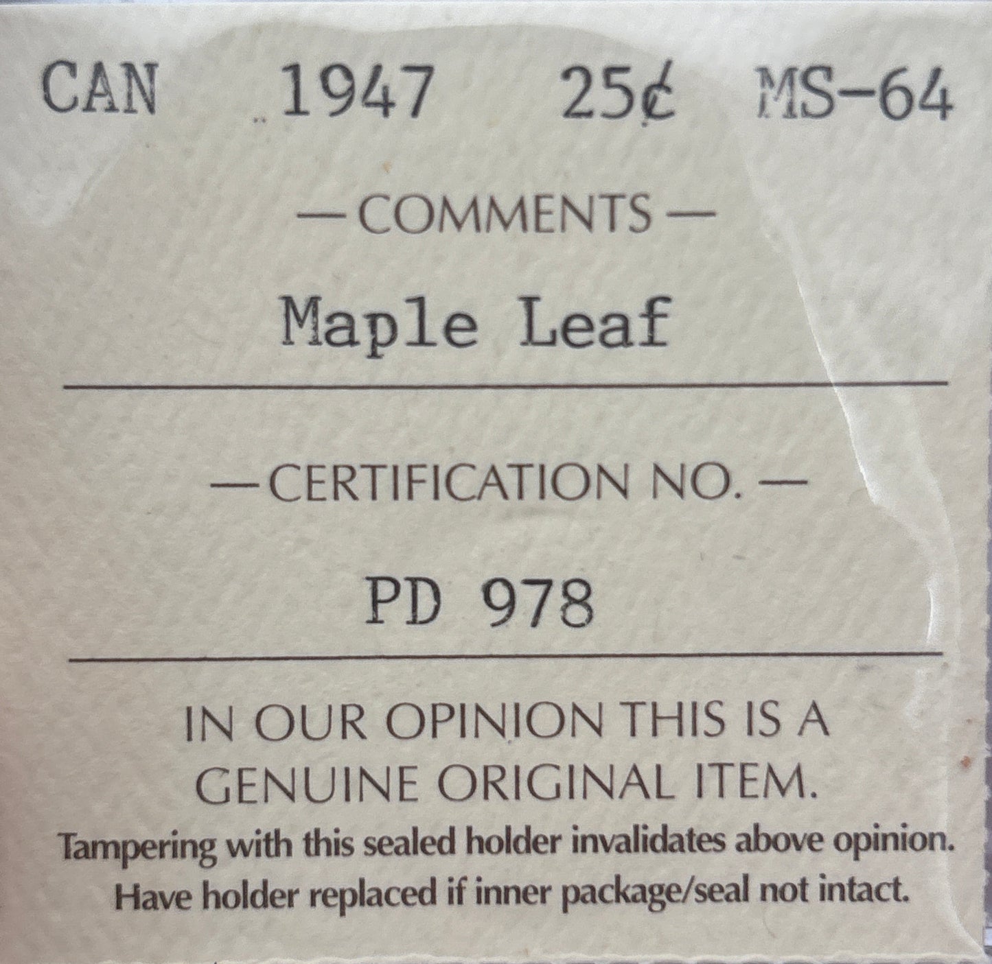 1947 Maple Leaf Canada 25 Cent. ICCS graded MS-64