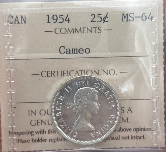 1954 Canada 25 Cent. ICCS graded MS-64 Cameo