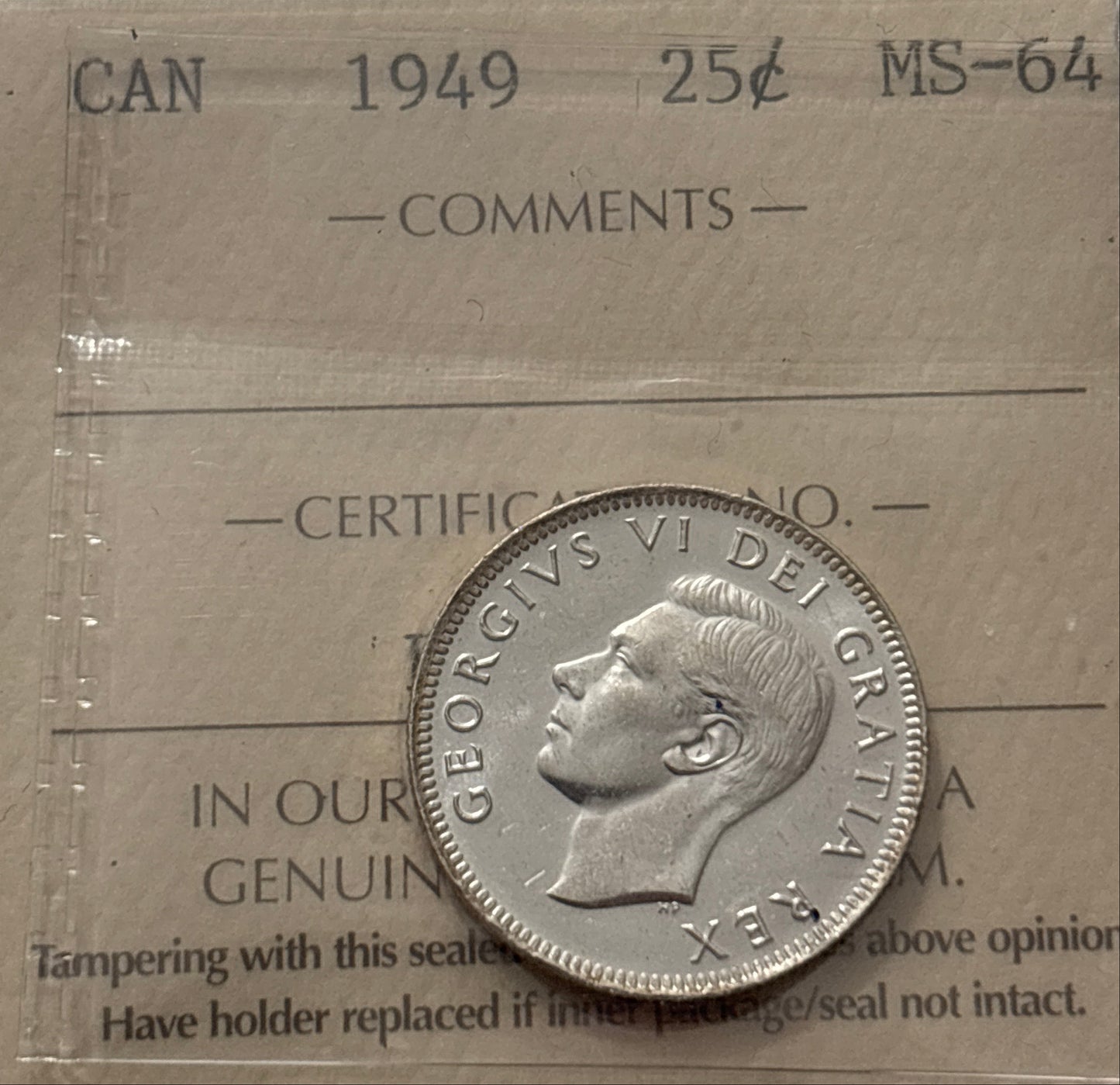 1949 Canada 25 Cent. ICCS graded MS-64