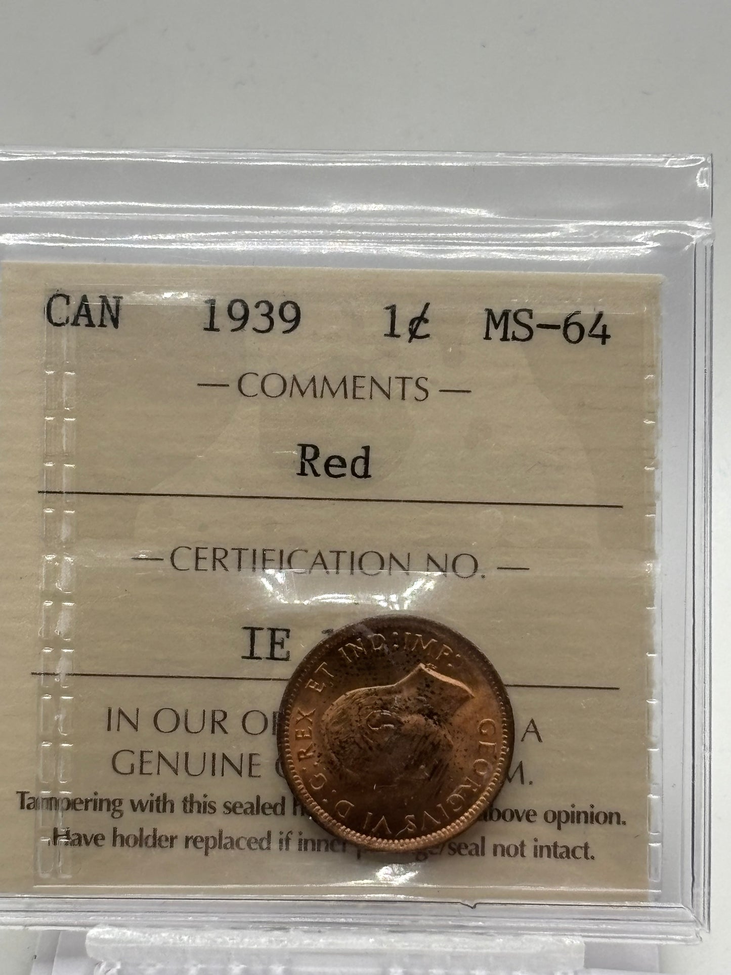 1939 Canada $0.01. ICCS graded MS-64 red