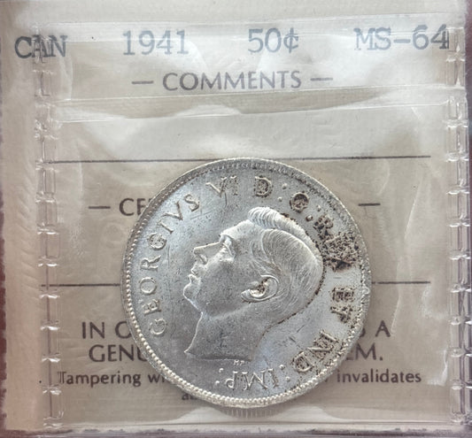 1941 Canada 50 Cent. ICCS graded MS-64