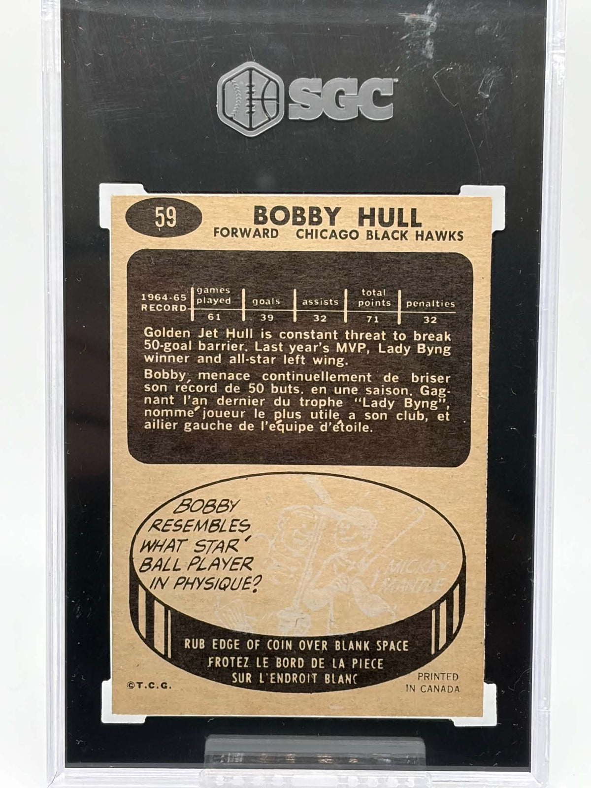 1965-66 Topps #59 Bobby Hull card front in SGC 4.5 holder, certification 0221636