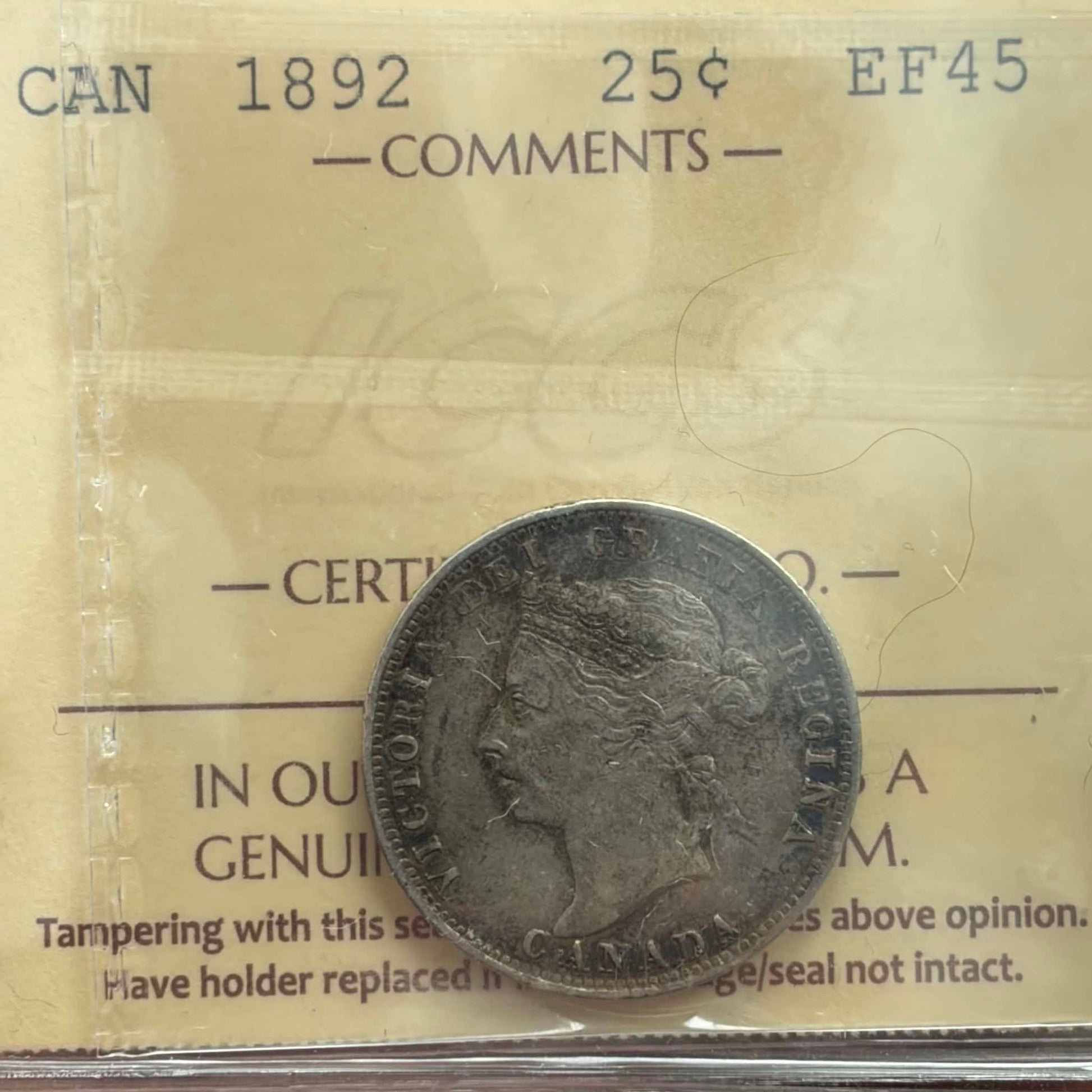 1892 Canadian 25 Cents — obverse showing Queen Victoria Old Head portrait in ICCS holder