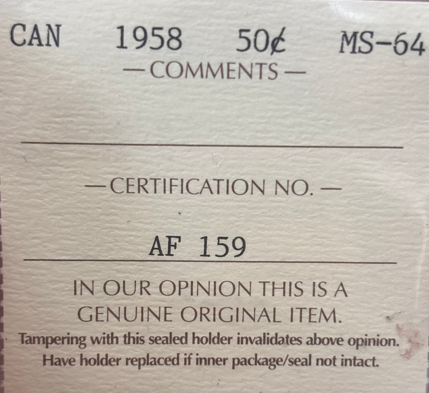 1958 Canada 50 Cent. ICCS graded MS-64