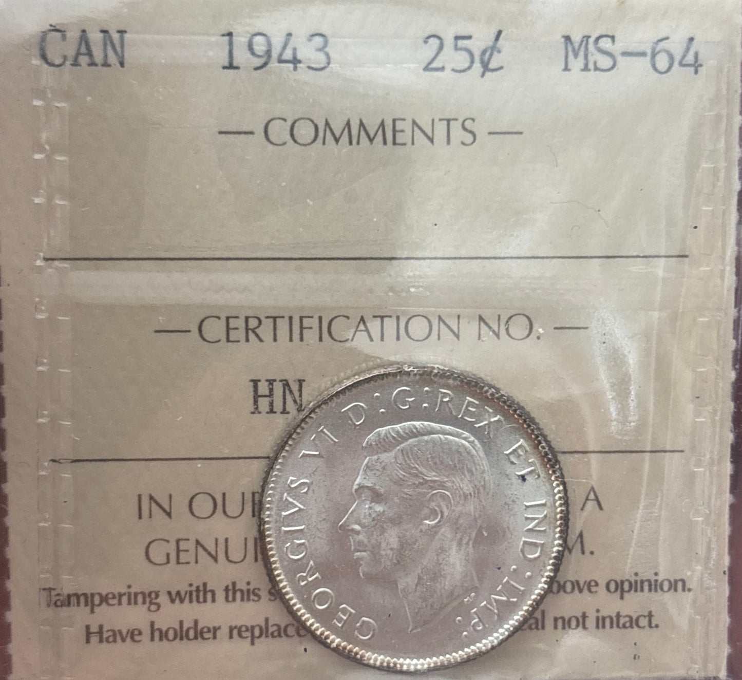 1943 Canada 25 Cent. ICCS graded MS-64