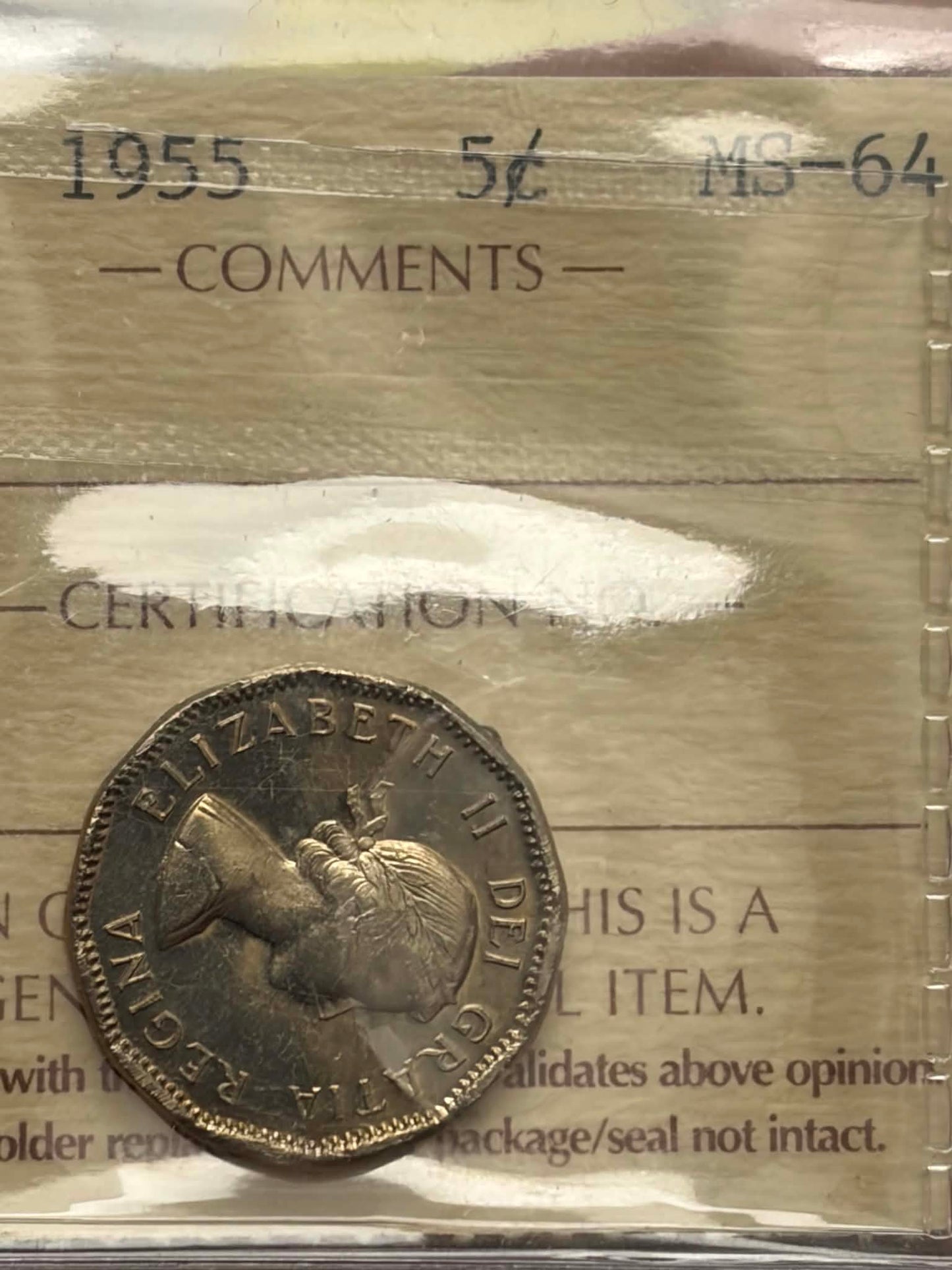 1955 Canadian 5 Cent — obverse showing Elizabeth II DEI GRATIA REGINA in ICCS holder
