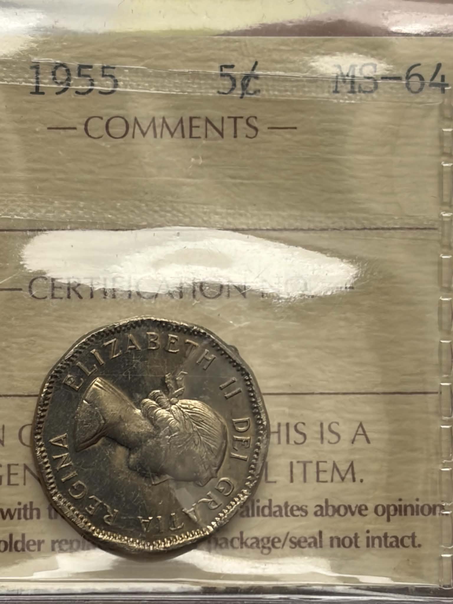 1955 Canadian 5 Cent — obverse showing Elizabeth II DEI GRATIA REGINA in ICCS holder