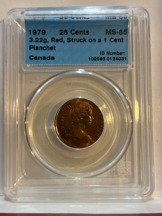 1979 Canada 25 Cent Error, 3.22g Red, Struck on a 1 Cent Planchet. CCCS graded MS65