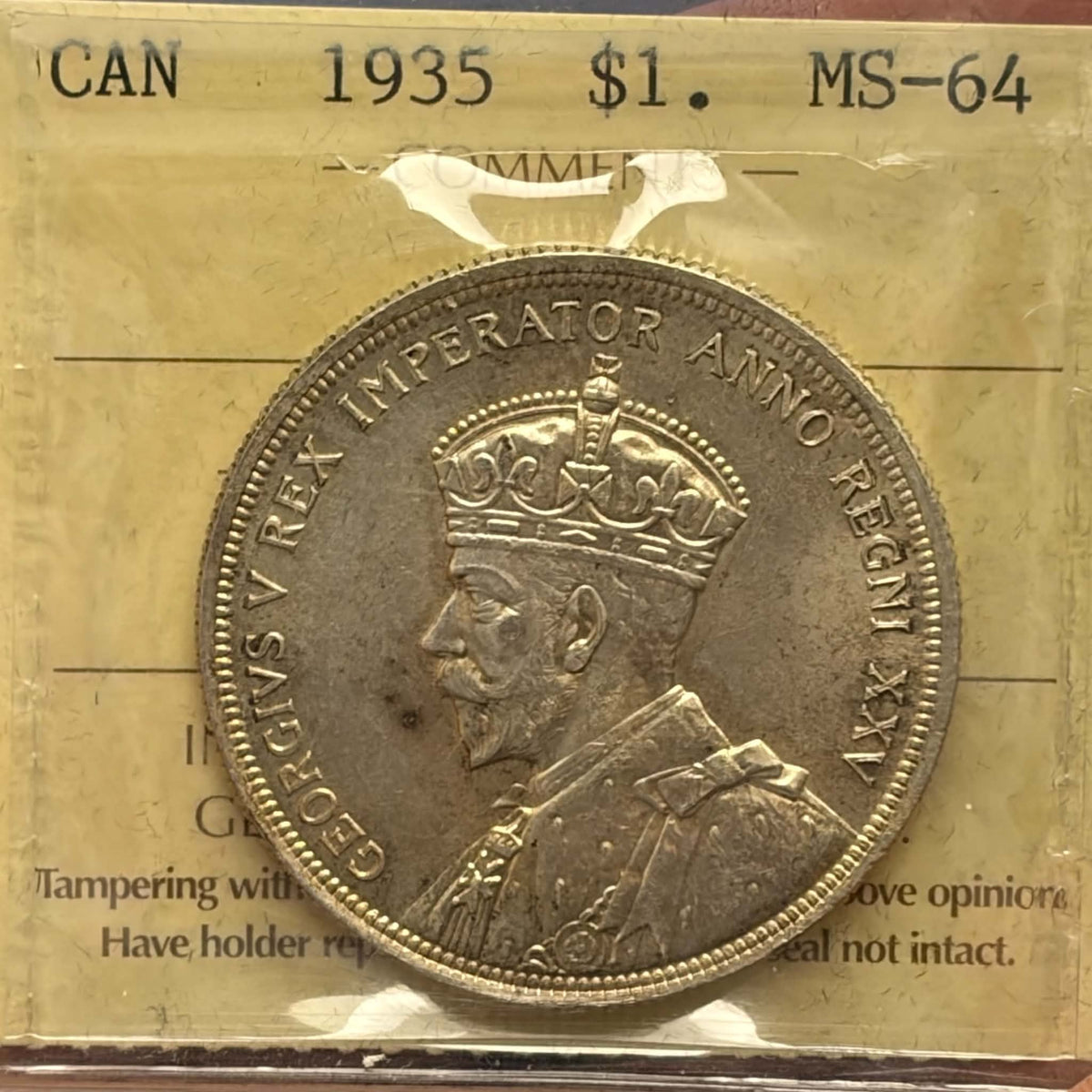 ICCS certification label for 1935 Canada dollar MS-64, certification XJK 253