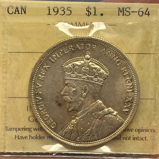 ICCS certification label for 1935 Canada dollar MS-64, certification XJK 253