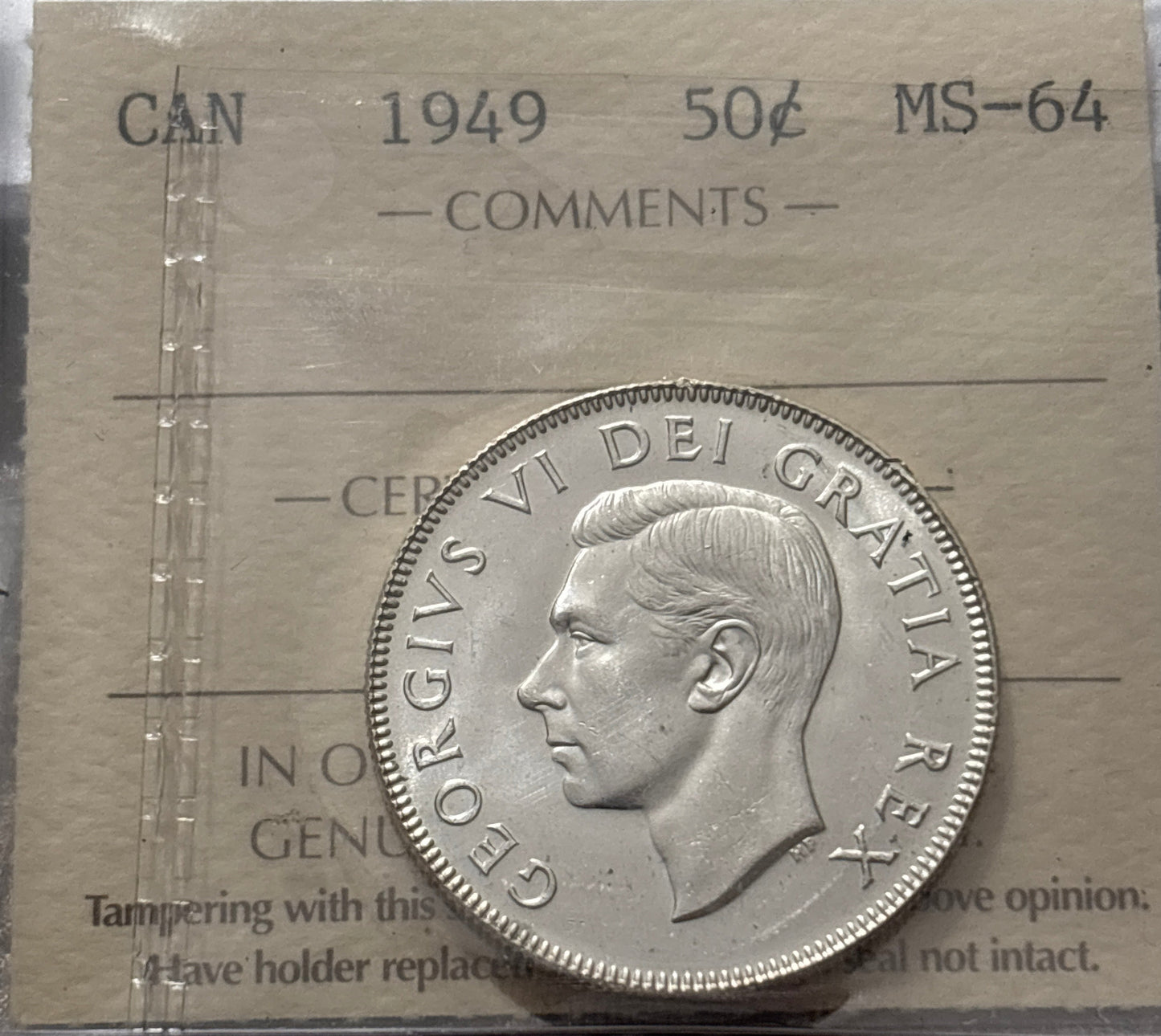 1949 Canada 50 Cent. ICCS graded MS-64