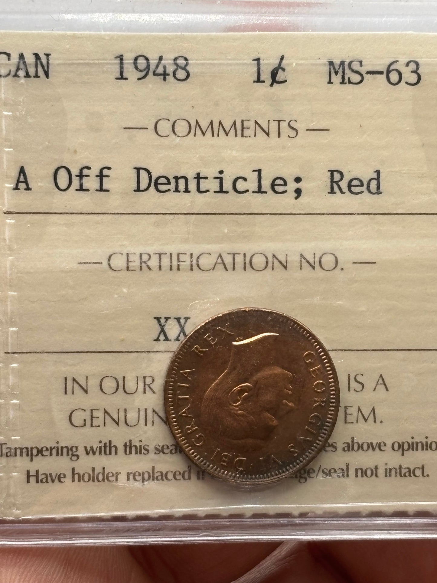 1948 Canada $0.01. A off Denticle. ICCS graded MS-63 Red