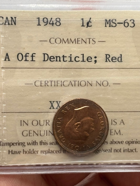1948 Canada $0.01. A off Denticle. ICCS graded MS-63 Red