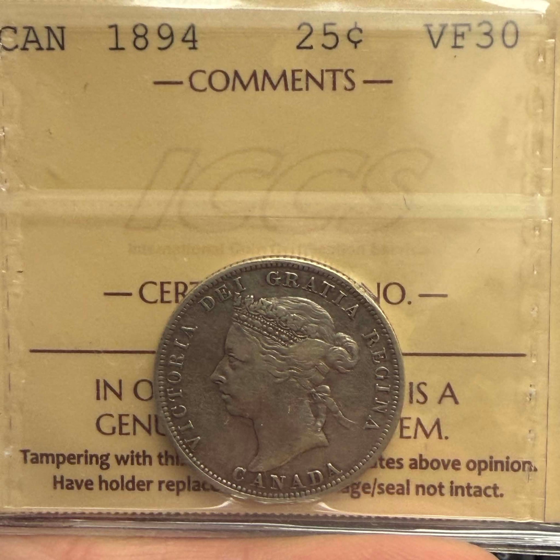 1894 Canadian 25 Cents — obverse showing Queen Victoria Old Head portrait in ICCS holder