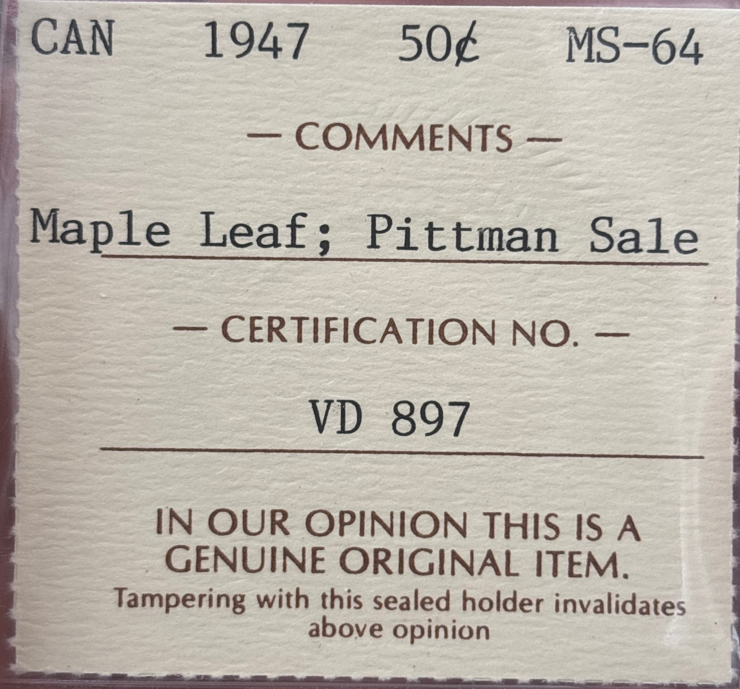 1947 Maple Leaf Canada 50 Cent. ICCS graded MS-64 Pittman Sale