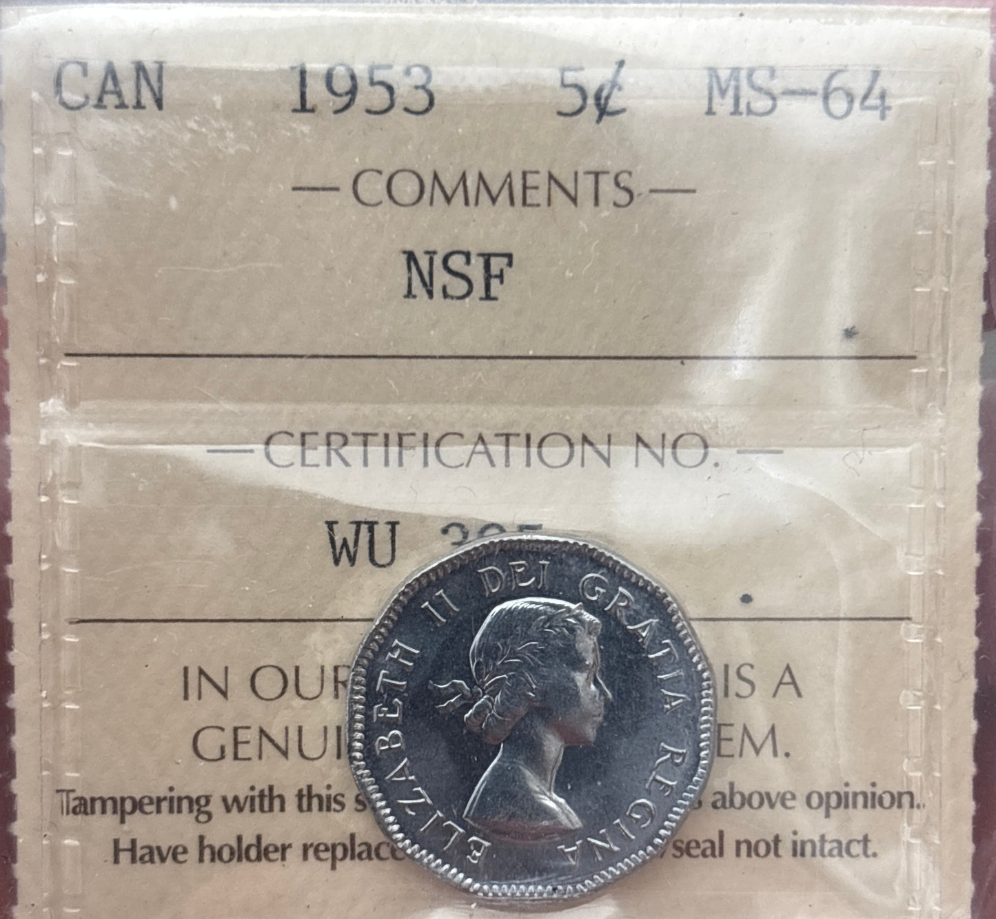 1953 NSF Far Leaf Canada 5 Cent. ICCS graded MS-64