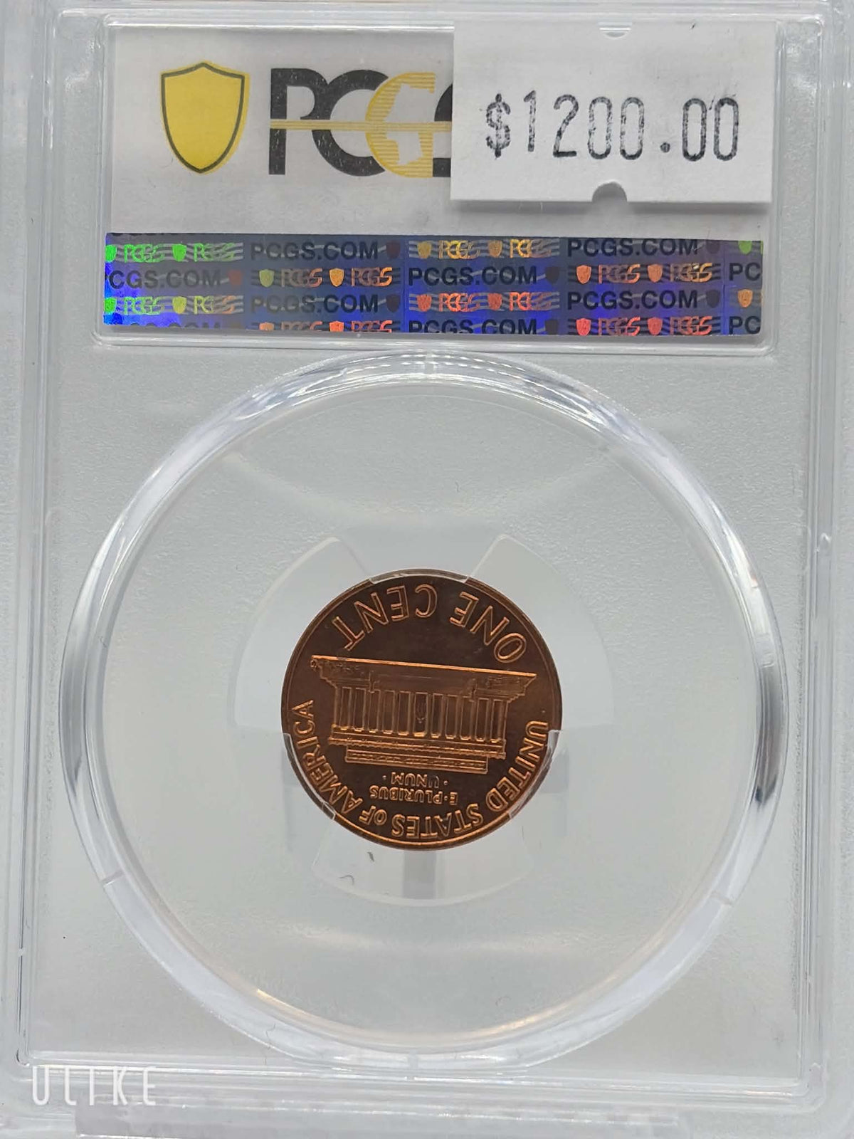 1972 Lincoln Cent — reverse showing Lincoln Memorial design in PCGS holder, MS-65 RD