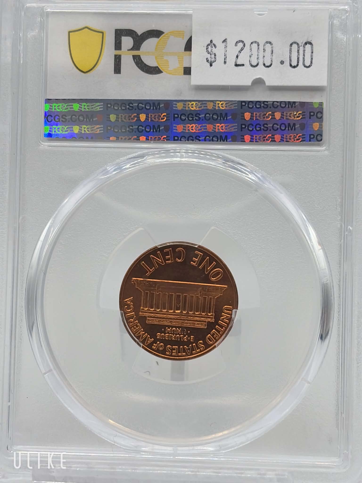 1972 Lincoln Cent — reverse showing Lincoln Memorial design in PCGS holder, MS-65 RD