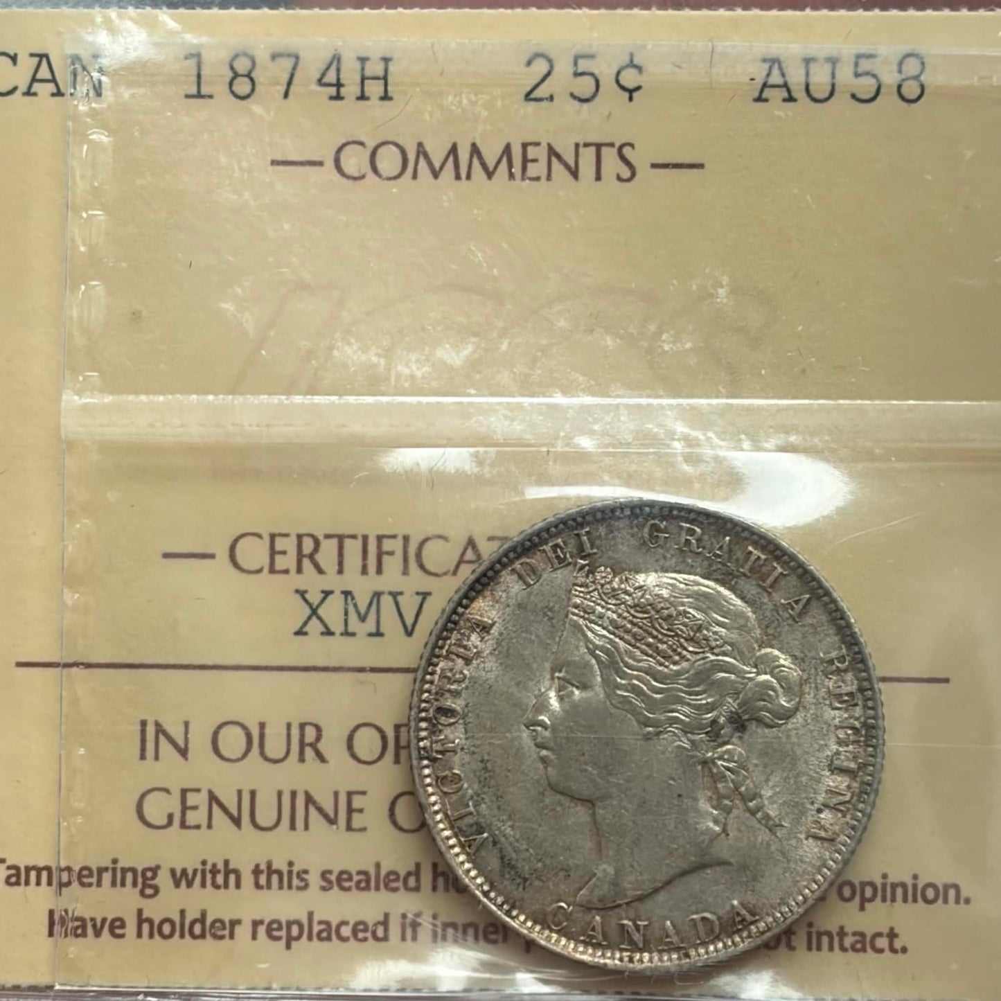 1874H Canadian 25 Cents — obverse showing Queen Victoria Young Head portrait in ICCS holder, AU-58