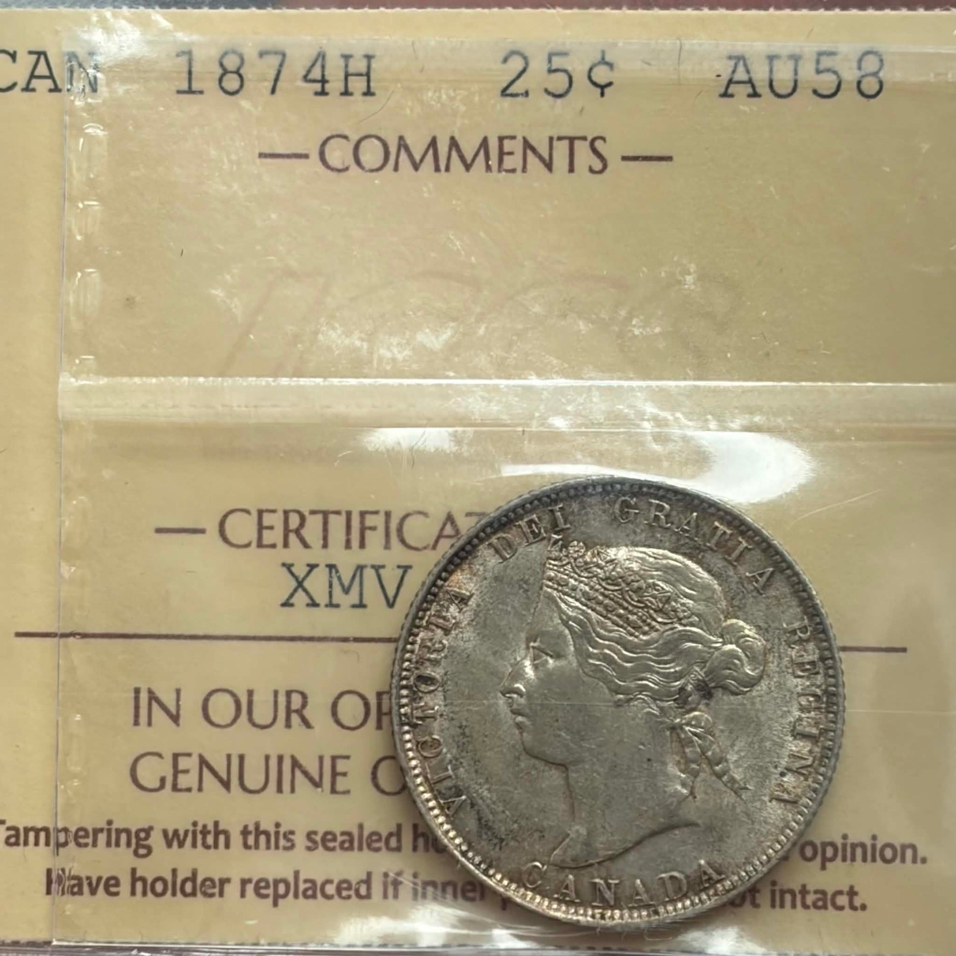 1874H Canadian 25 Cents — obverse showing Queen Victoria Young Head portrait in ICCS holder, AU-58