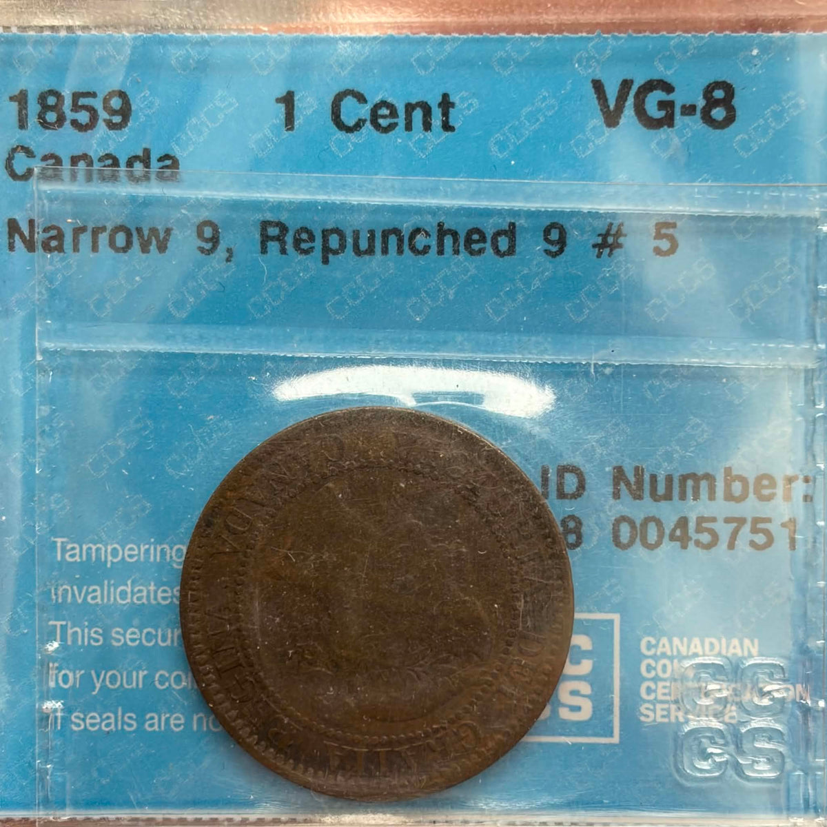 1859 Canadian 1 Cent — obverse showing Queen Victoria Young Head portrait in CCCS holder, VG-8
