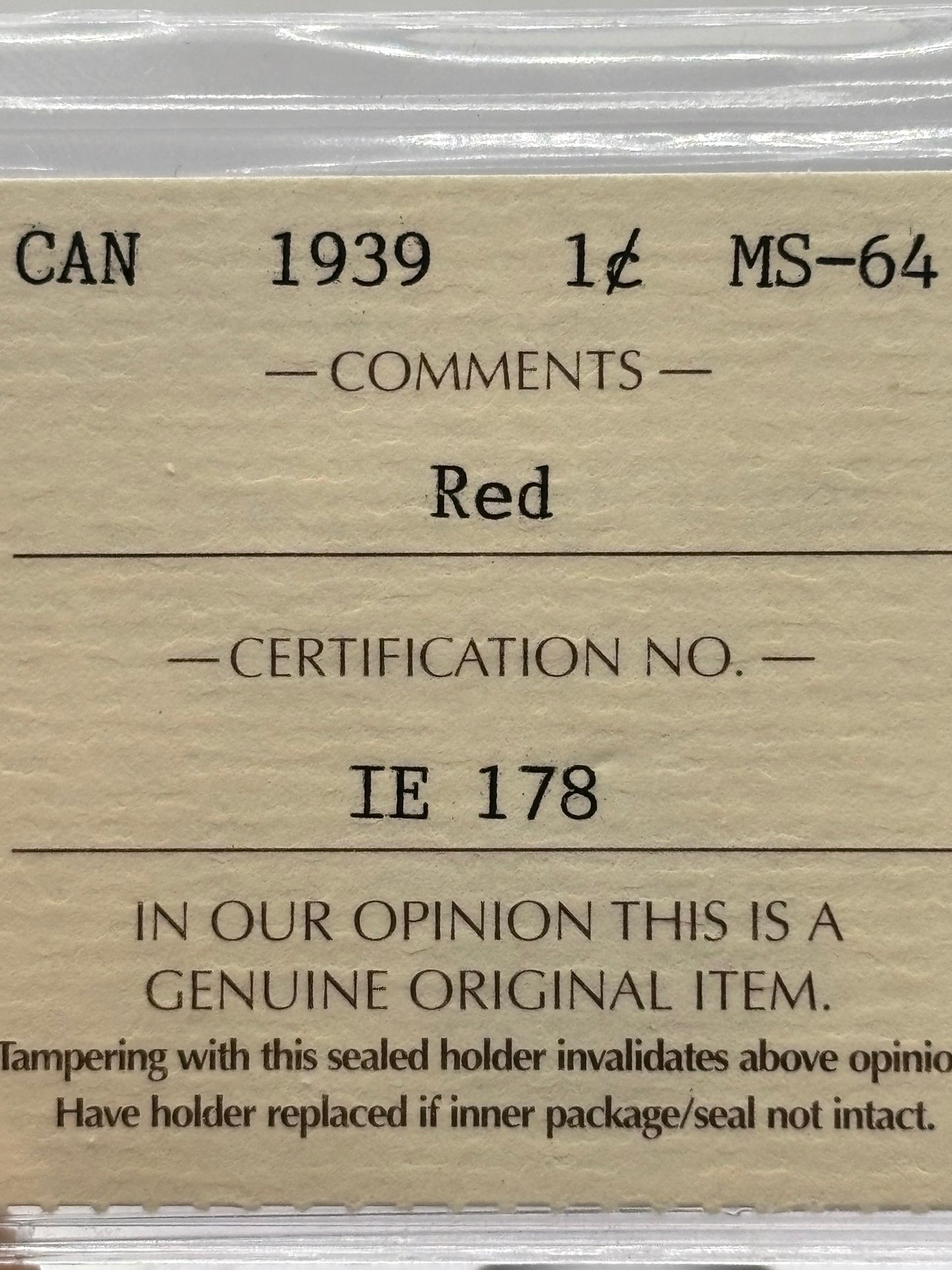 1939 Canada $0.01. ICCS graded MS-64 red