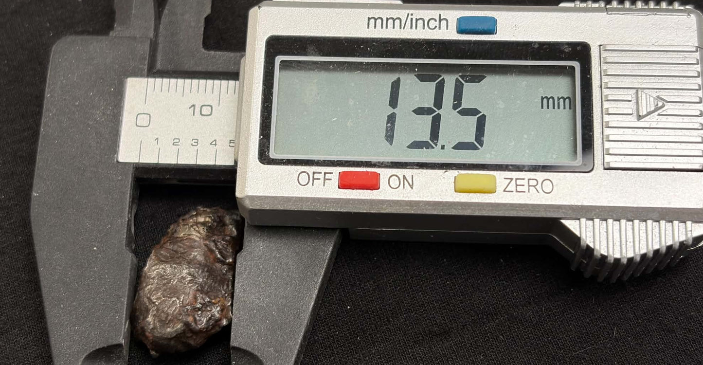 Sikhote-Alin meteorite caliper measurement — width approx. 13.5mm