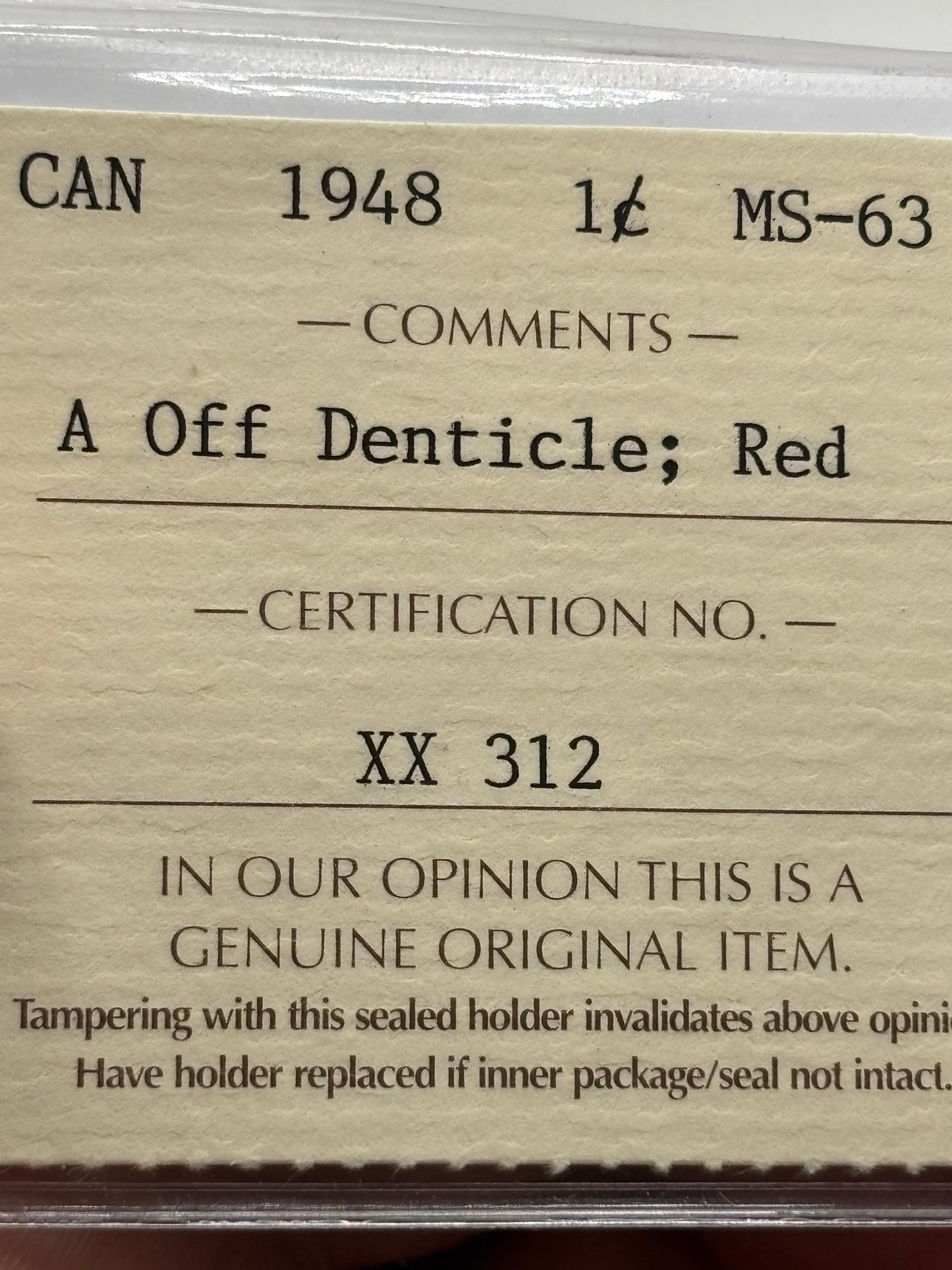 1948 Canada $0.01. A off Denticle. ICCS graded MS-63 Red
