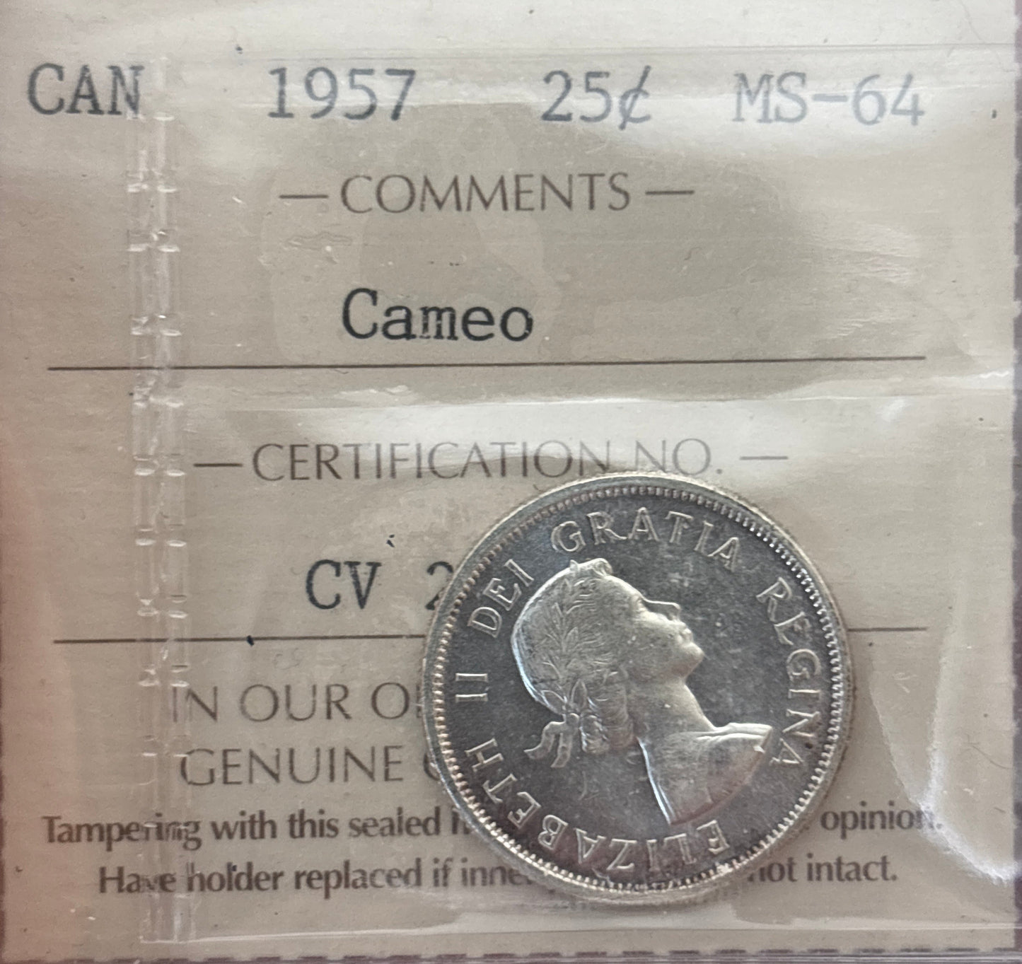 1957 Canada 25 Cent. ICCS graded MS-64 Cameo