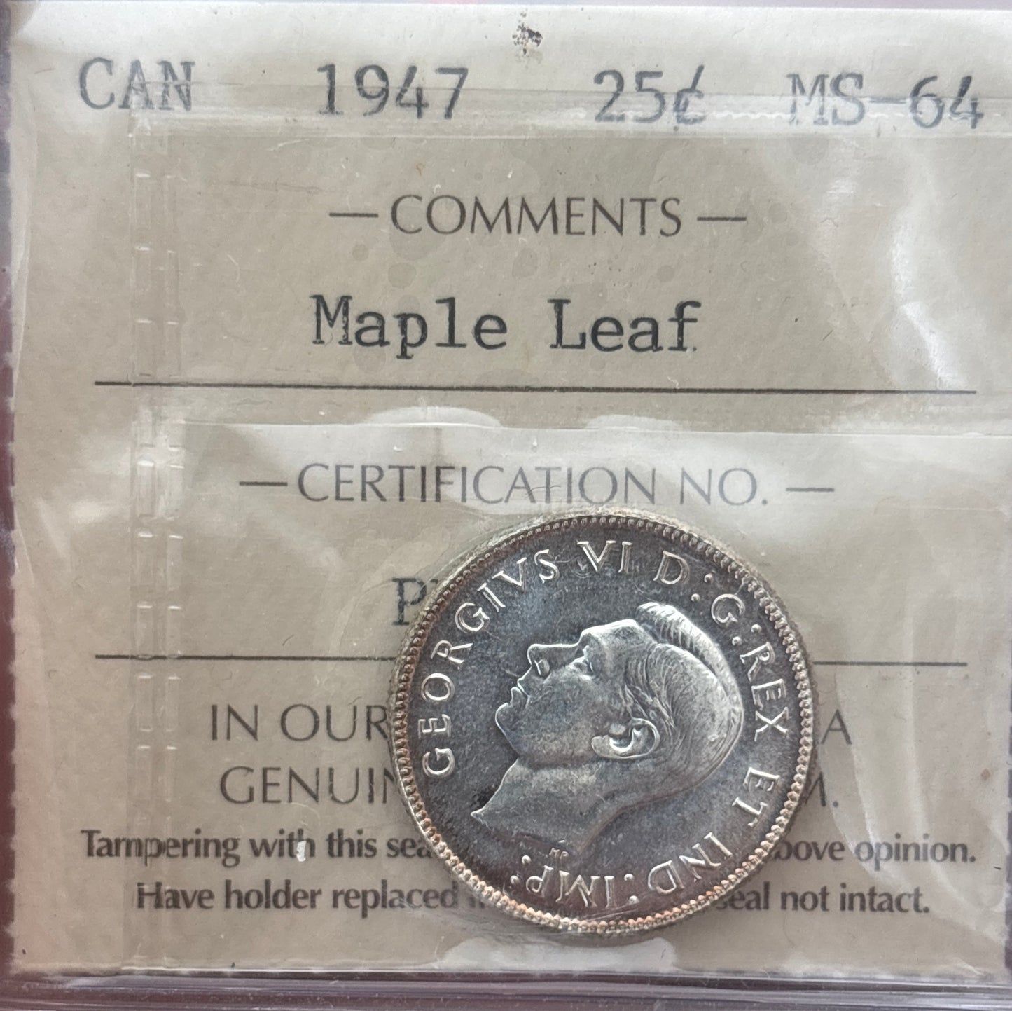 1947 Maple Leaf Canada 25 Cent. ICCS graded MS-64