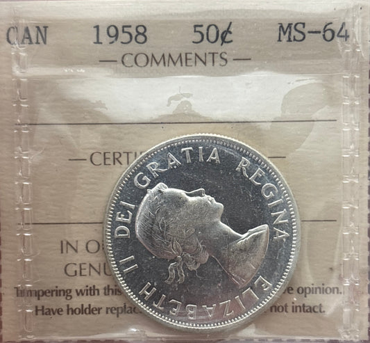1958 Canada 50 Cent. ICCS graded MS-64