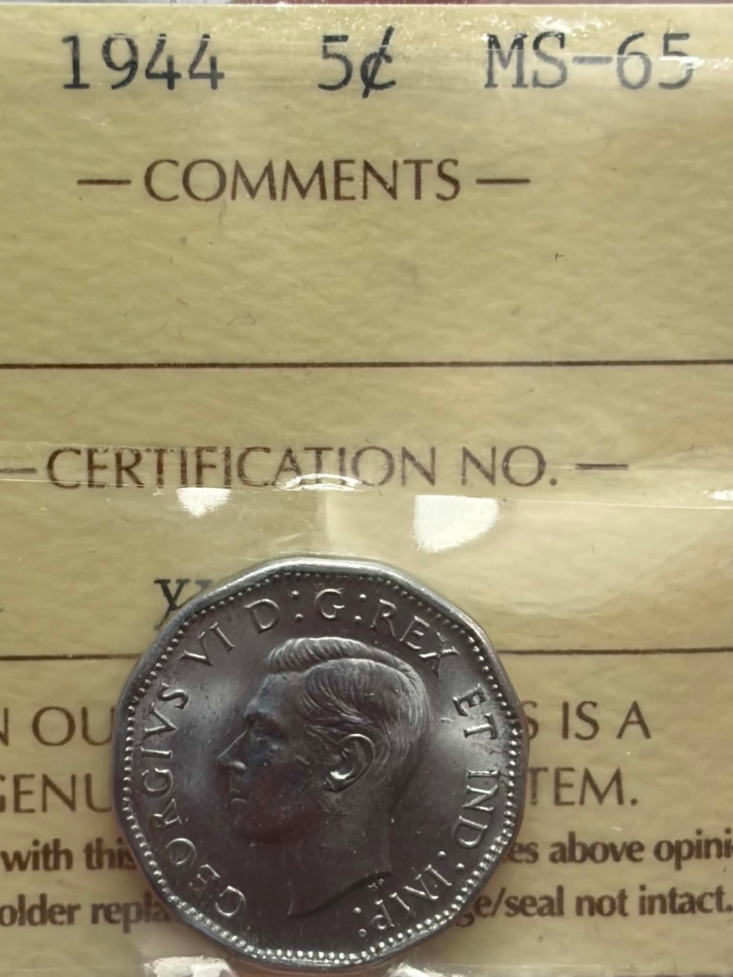 1948 Canadian 5 Cent — obverse showing George VI portrait in ICCS holder