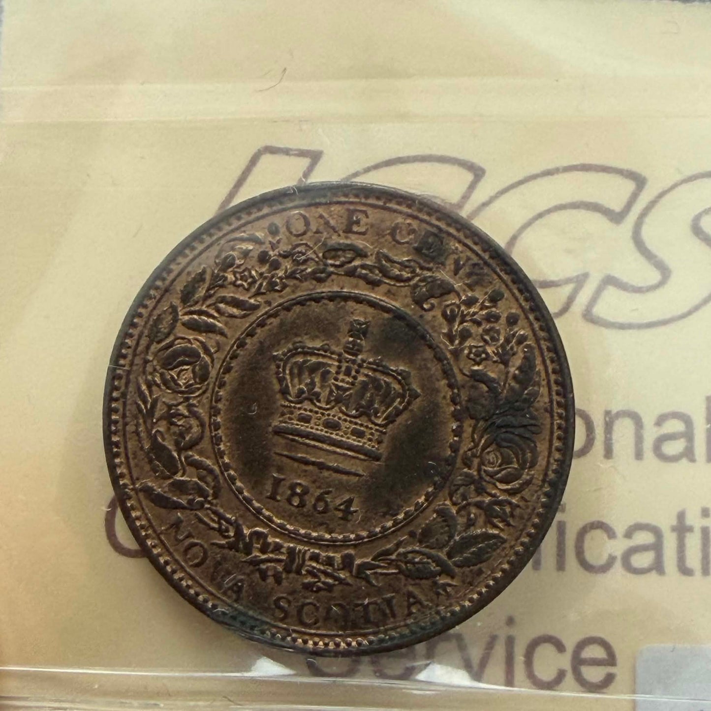 1864 Nova Scotia 1 Cent — obverse showing Queen Victoria Young Head portrait in ICCS holder