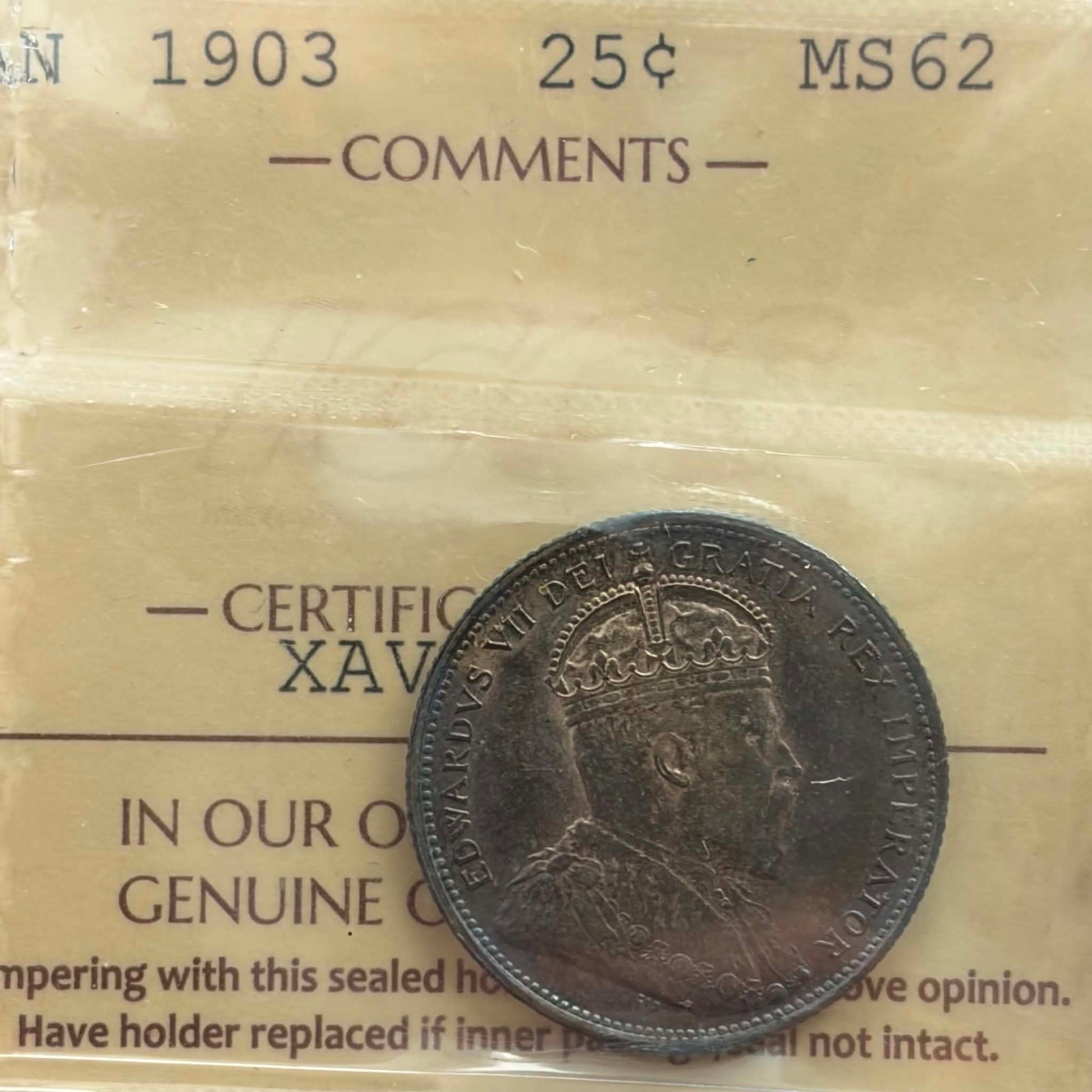 1903 Canadian 25 Cents — obverse showing King Edward VII crowned portrait in ICCS holder, MS-62