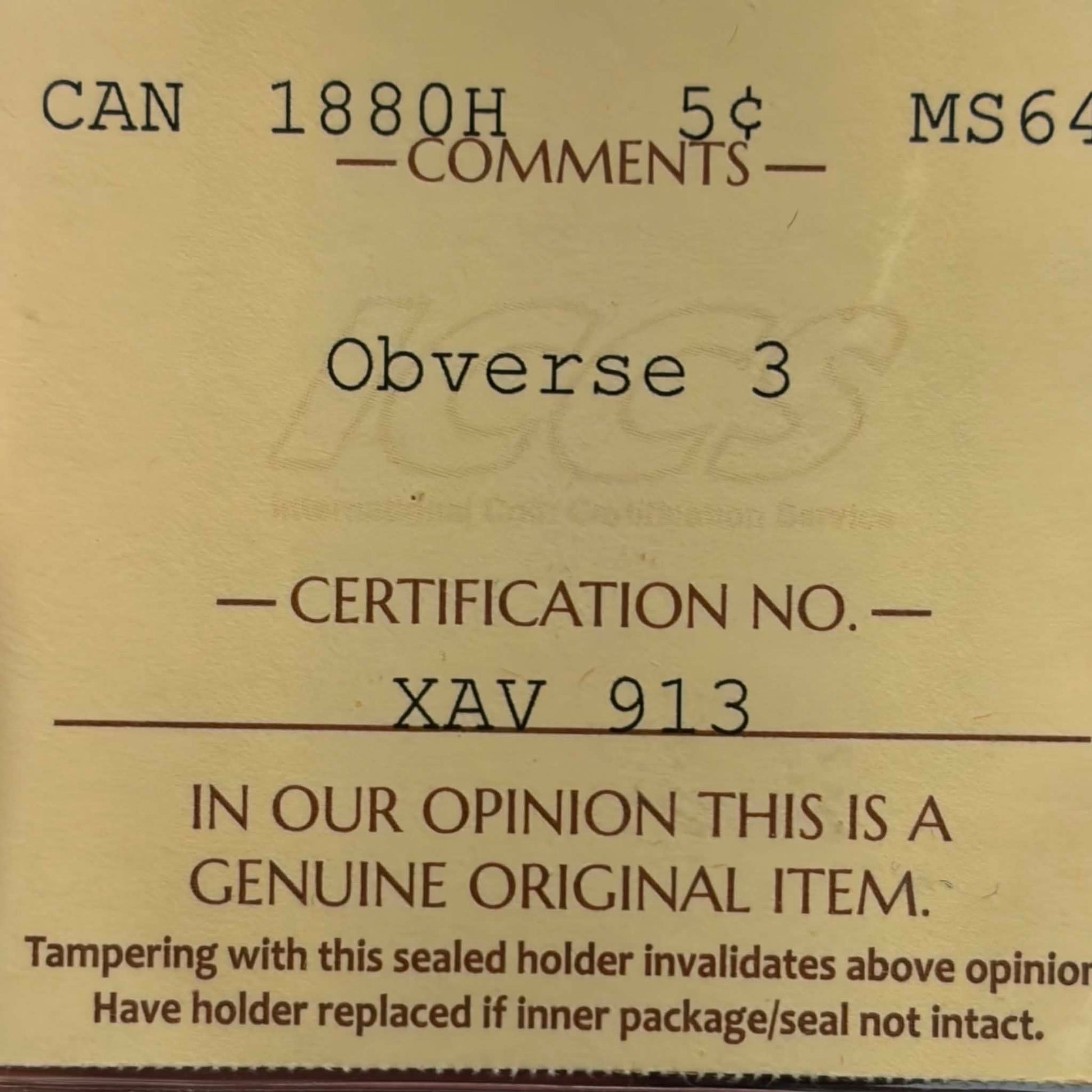 ICCS certification label reverse — 1880H Canadian 5 Cents MS-64 Obverse 3, Cert No. XAV 913